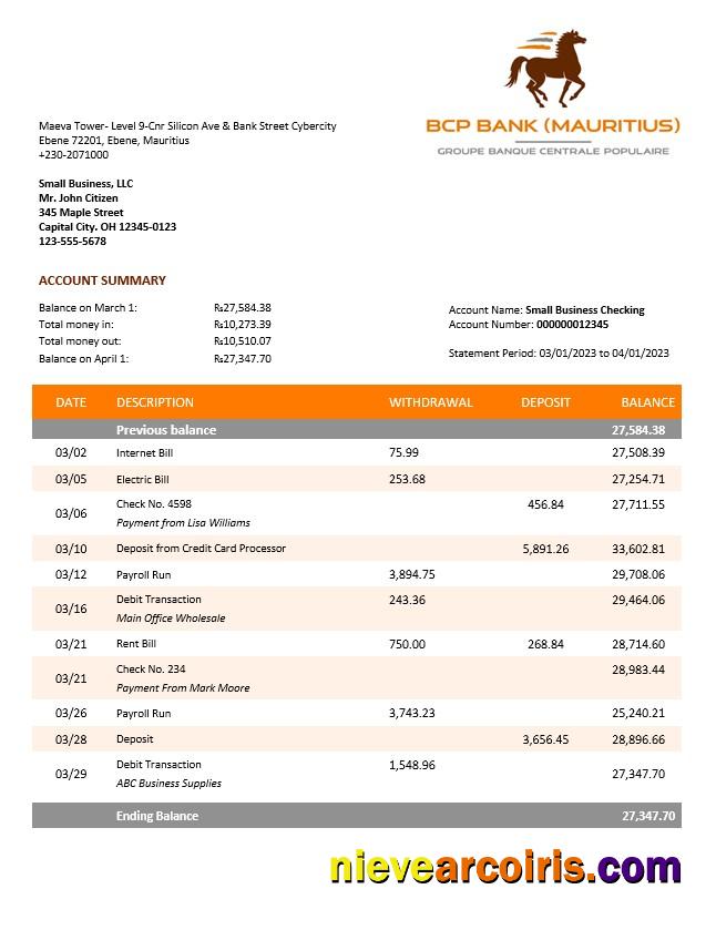 BCP Bank enterprise account statement